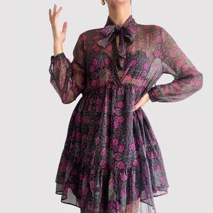 Zara | Black & pink floral bow long sleeve high neck mini dress | Size XL